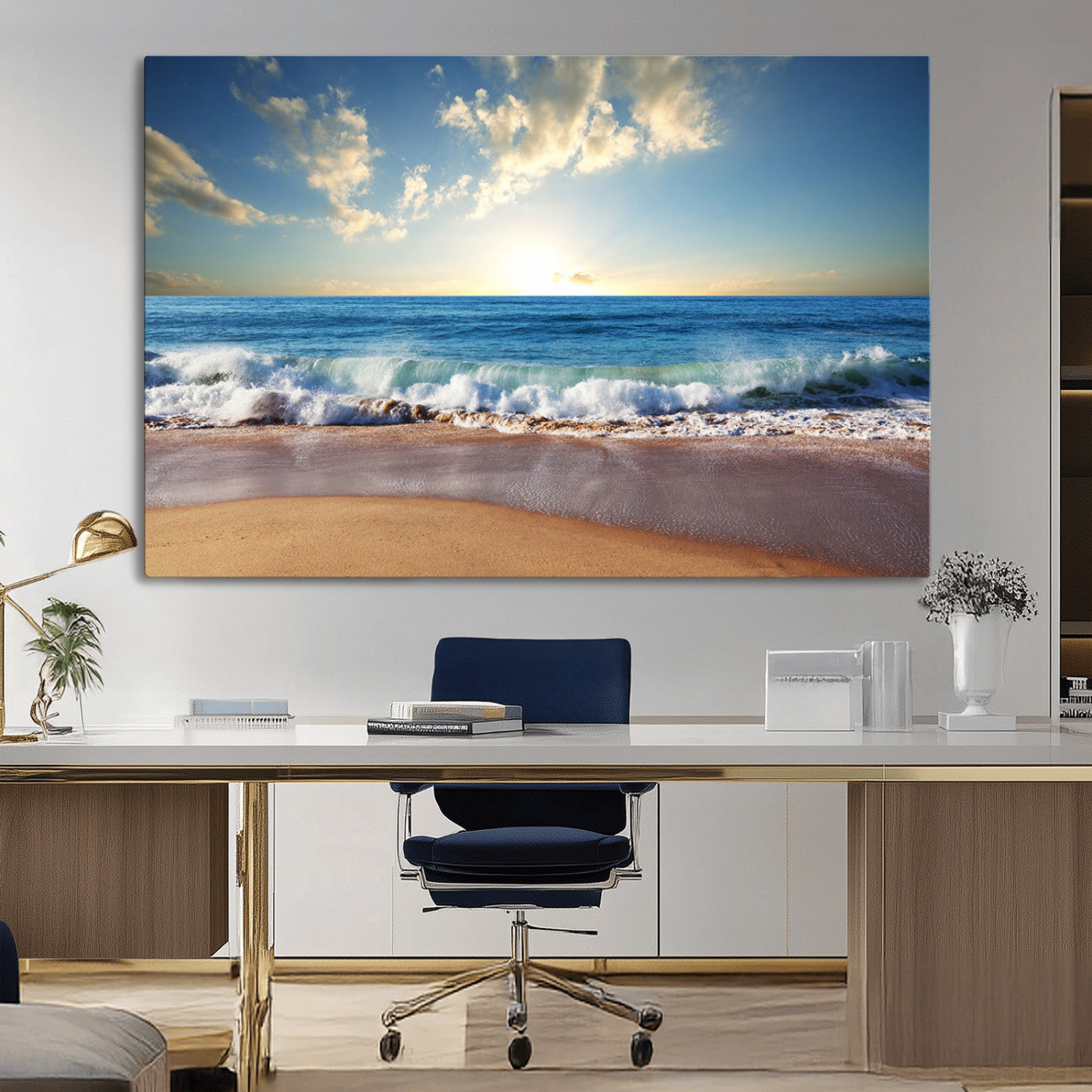 MGV-CV-36X24 - Serene Ocean Sunset Canvas Wall Art - Beach Waves at Sunset, Ready to Hang