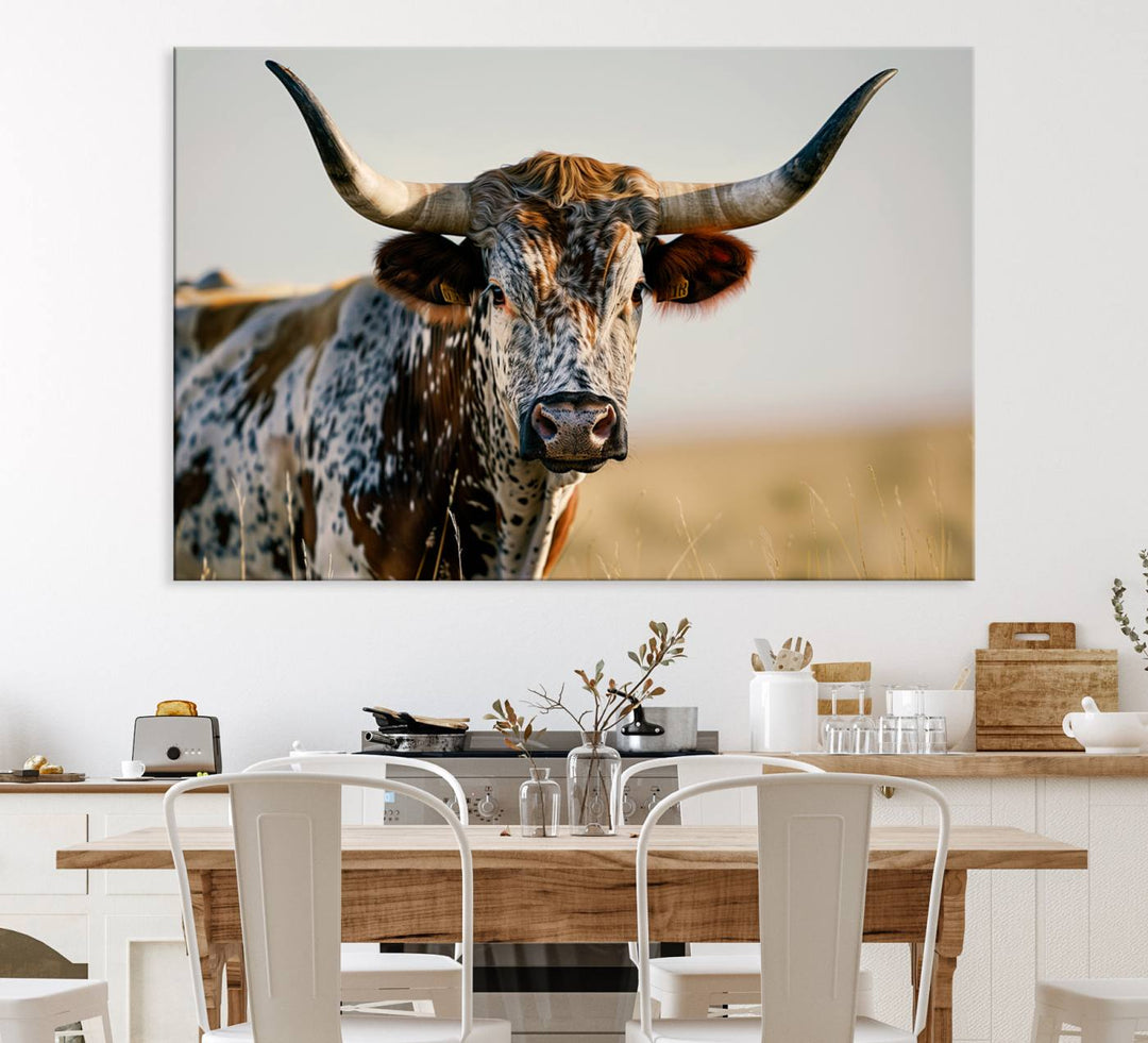 The Texas Bull Longhorn Wall Art Canvas Print is perfect for farmhouse decor.