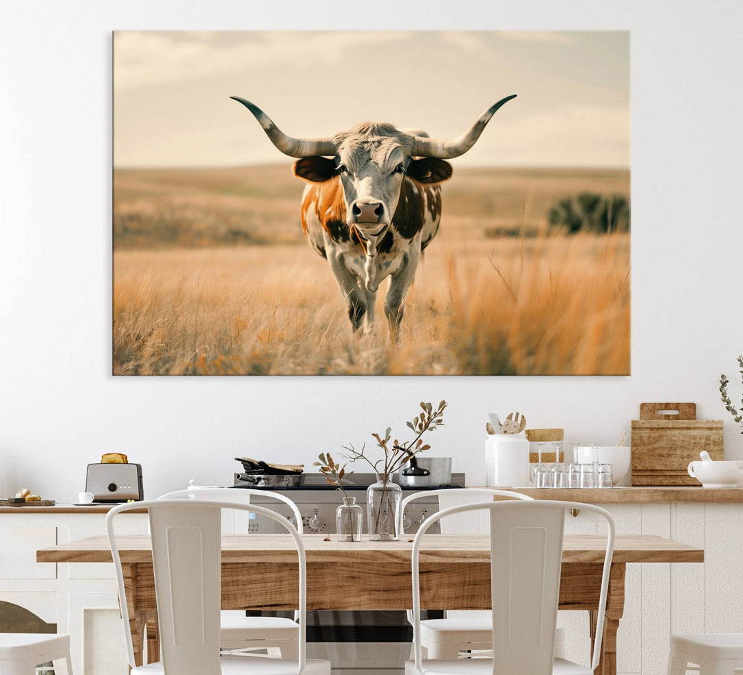 The Texas Cow Longhorn Wall Art Canvas adds rustic charm to the decor.