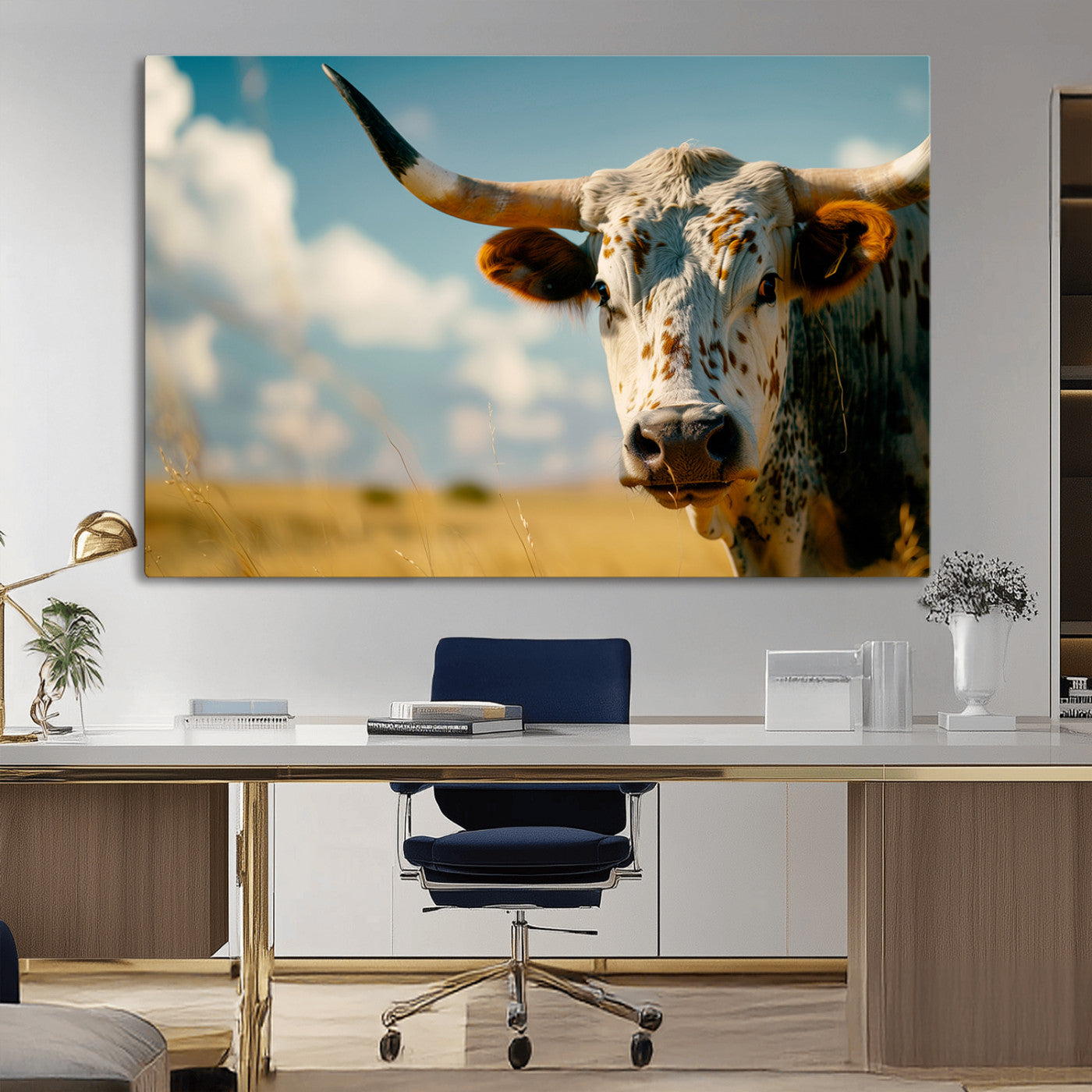 MGV-CV-36X24 - Longhorn in the Prairie - Stunning Ranch-Style Triptych Wall Art for Western Home Decor, Cowboy Wall