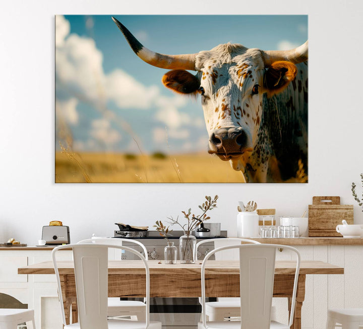 The Longhorn in the Prairie triptych cowboy wall art is ideal for western decor.