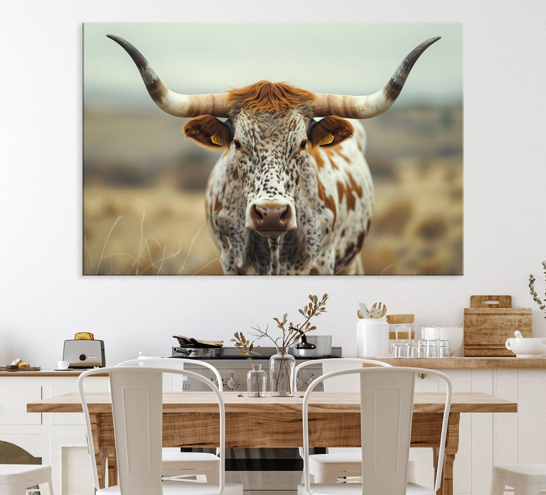 The Texas Cow Longhorn Canvas Print hangs, adding Western elegance.