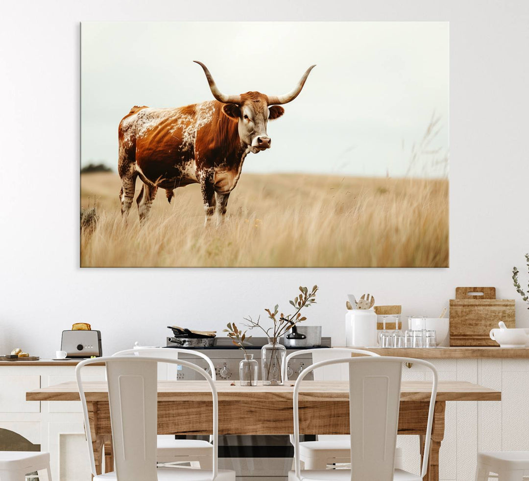 The Texas Longhorn canvas wall art print enhances a rustic farmhouse decor setting.