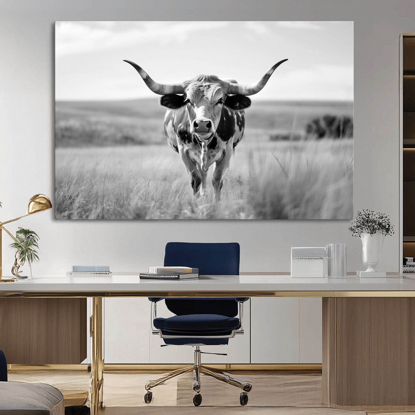 MGV-CV-36X24 - Texas Cow Longhorn Wall Art Canvas Print for Farm House Wall Decor, Farmhouse Wall Art Print