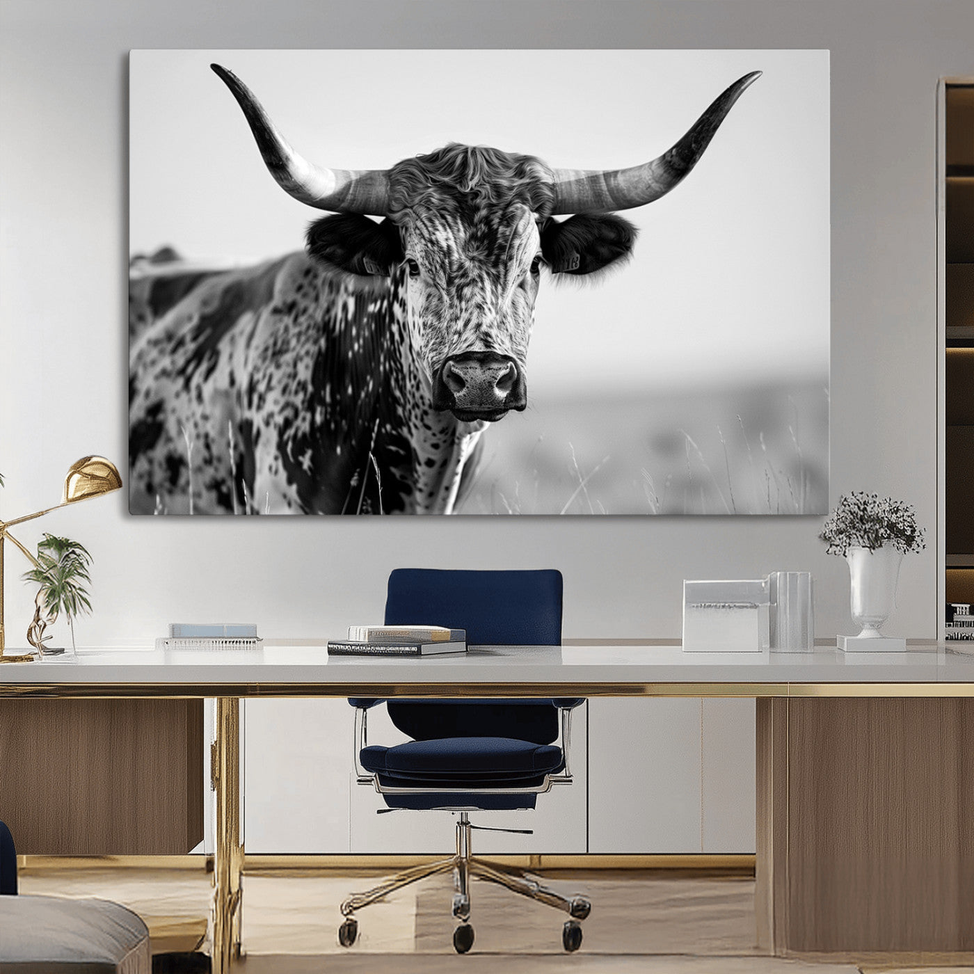 MGV-CV-36X24 - Texas Highland Cow Longhorn Canvas Print - Rustic Farmhouse Wall Art - Large Texas Longhorn