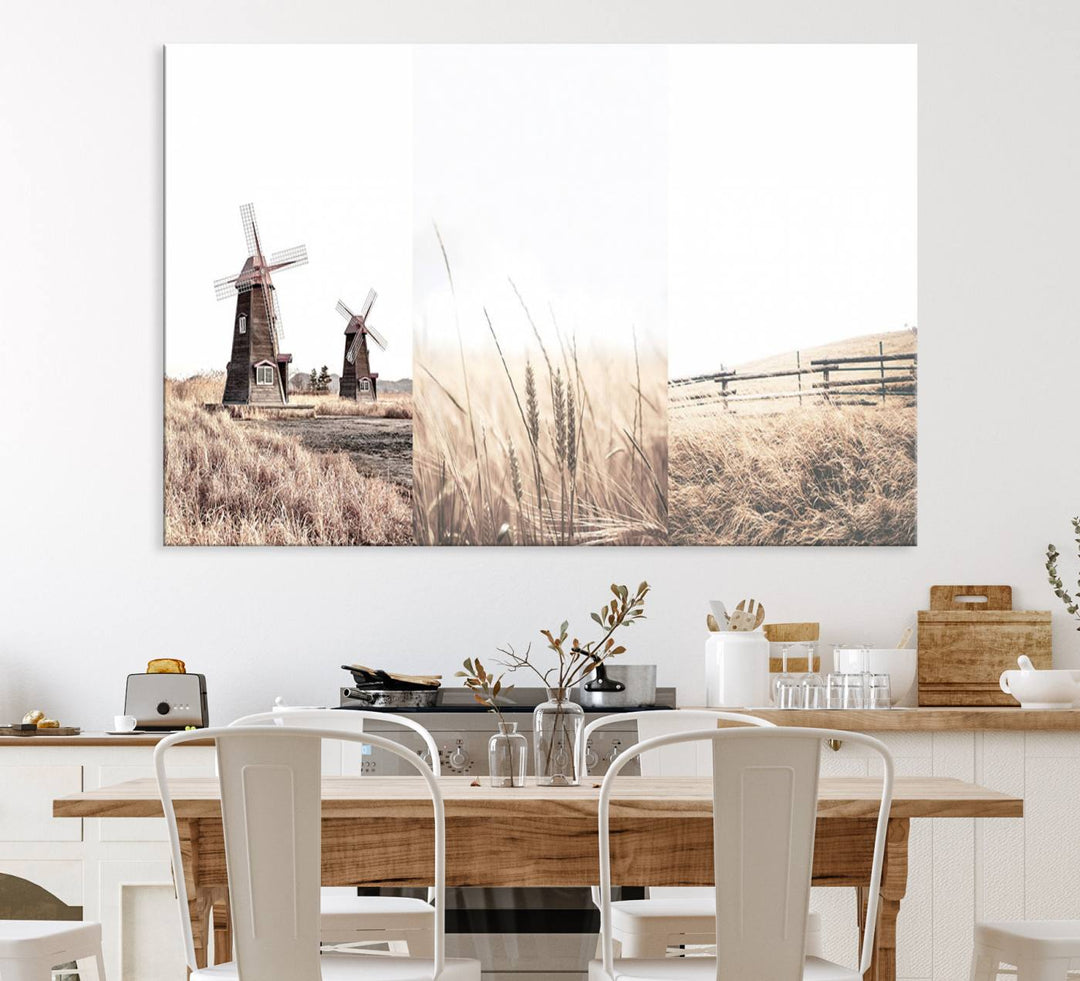 Farmhouse wall art set: 3 giclee canvas prints featuring windmills and wheat fields.