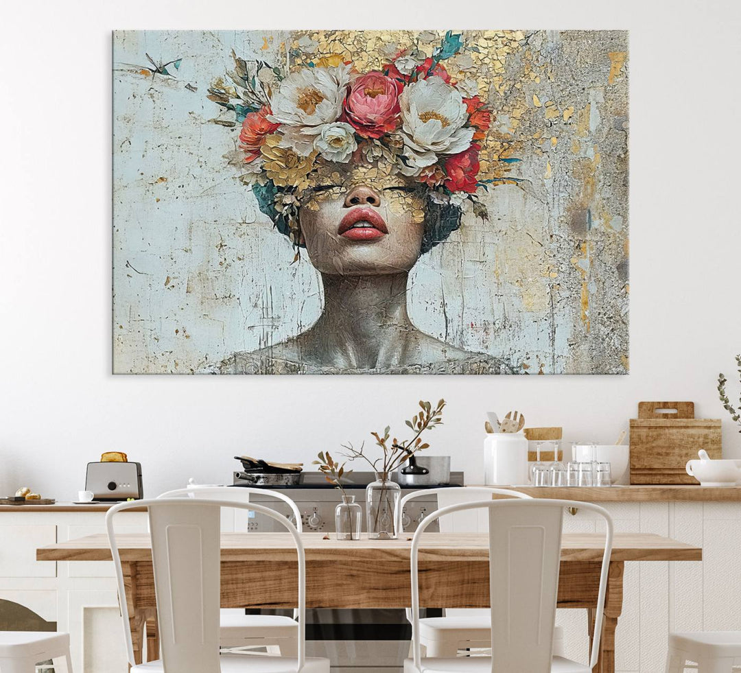 Golden Petal Canvas Print of a silhouette woman with a floral head creates a captivating focal point in the space.