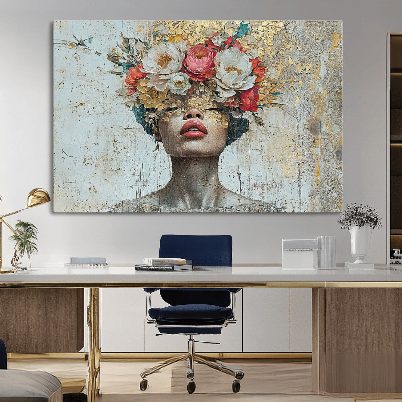 MGV-CV-36X24 - Golden Petal Wall Art Canvas Print - Silhouette Woman Wall Art Canvas Print, Floral Woman Portrait