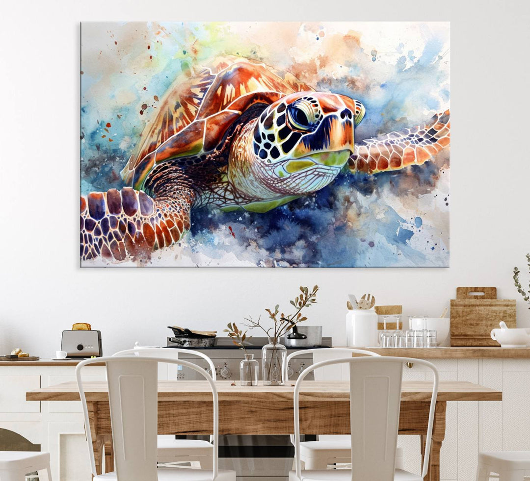 A Watercolor Sea Turtle Canvas Print with vibrant ocean colors adorns the wall.