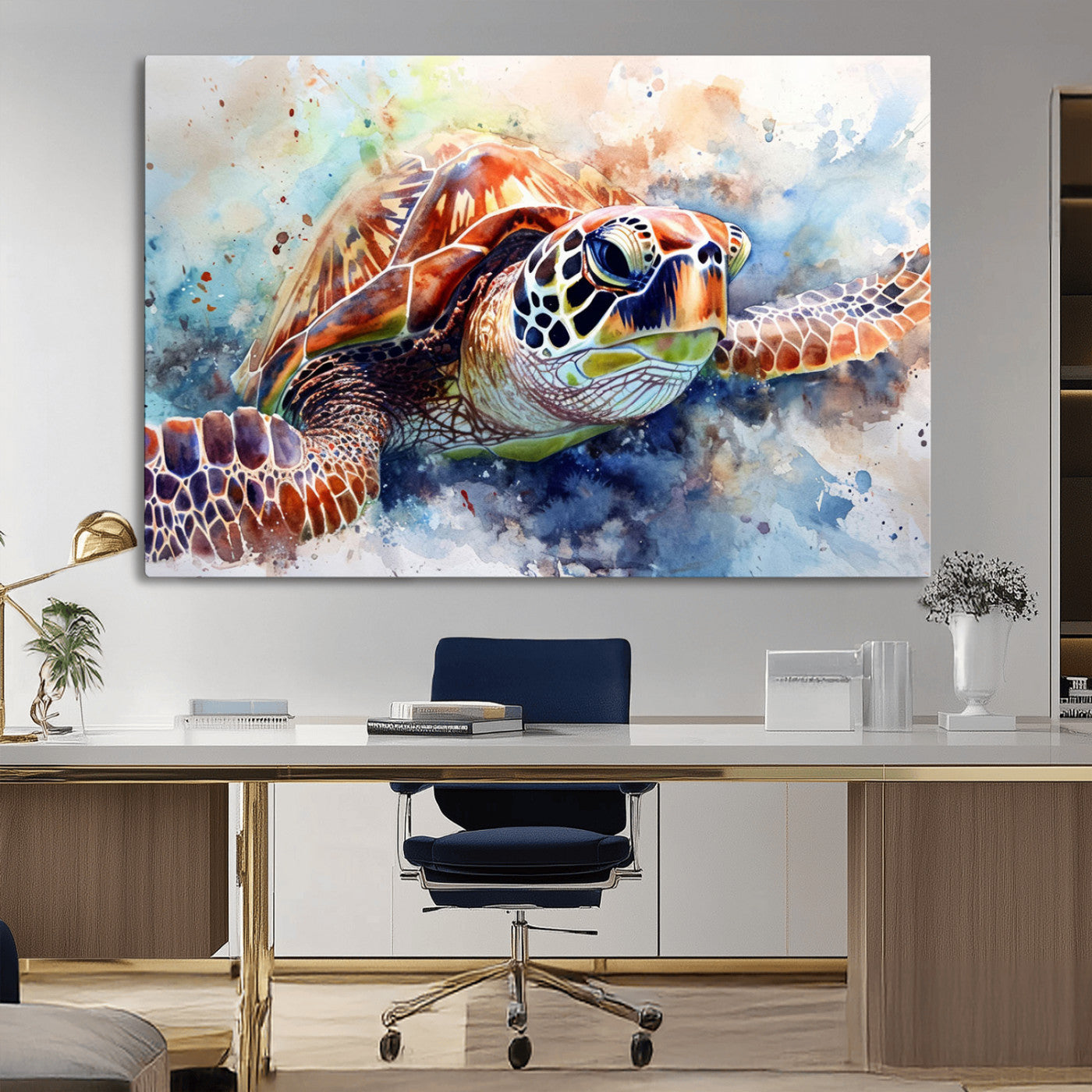 MGV-CV-36X24 - Watercolor Sea Turtle Wall Art Canvas Print - Vibrant Ocean Colors in Watercolor Style - Ready to