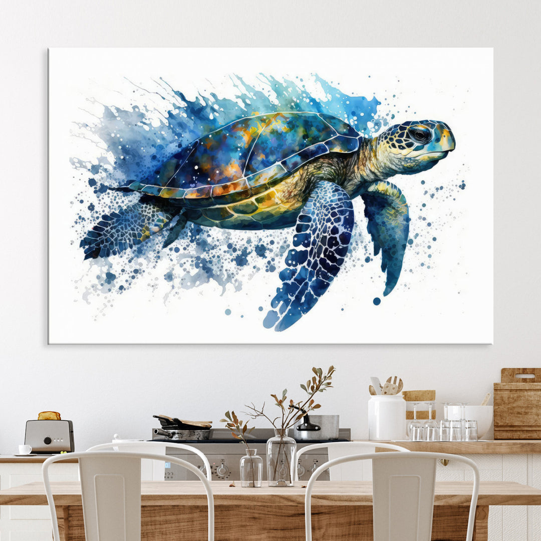 The Turtle Wall Art Print, featuring blue splashes, beautifully showcases Ocean Life.