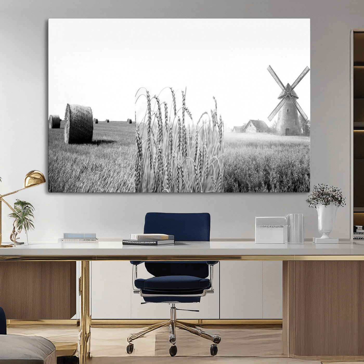 MGV-CV-36X24 - Vintage Farmhouse Black and White Triptych Wall Art – Giclee Canvas Featuring Wheat Fields, Hay