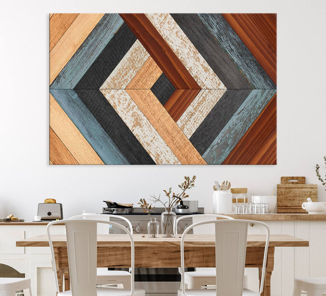 A Geometric Wood Art Wall Decor with a rustic pattern hangs prominently.