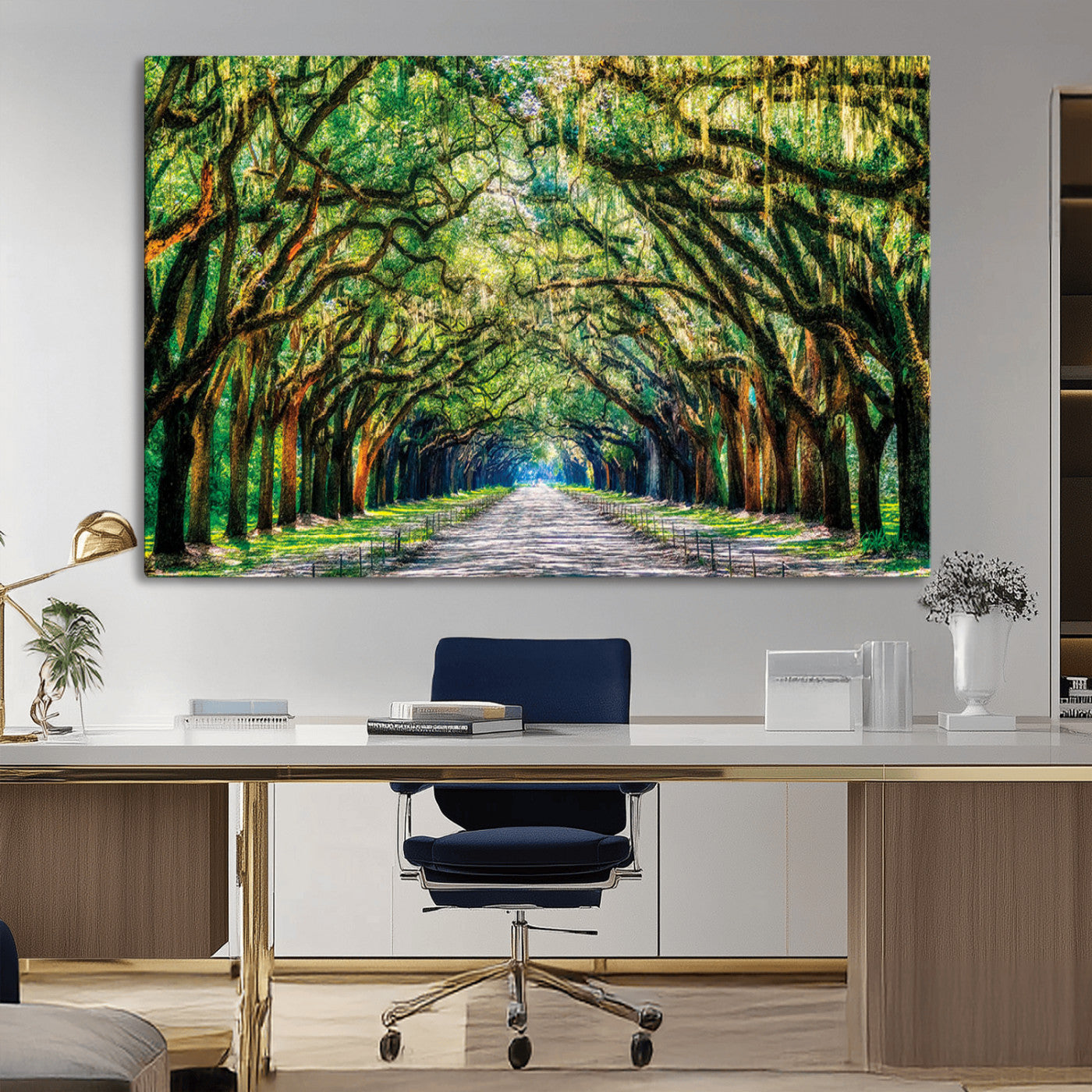 MGV-CV-36X24 - Serene Tree Tunnel Wall Art Canvas Print – Pathway Under Canopy of Lush Green Trees, Nature-Inspired