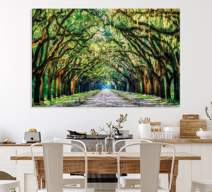 The Serene Tree Tunnel Canvas Print decorates the wall.