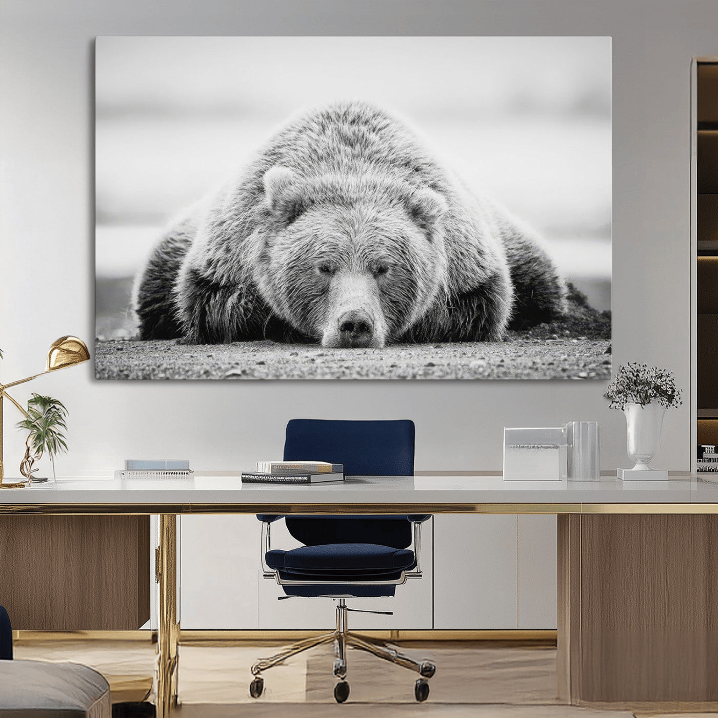MGV-CV-36X24 - Resting Grizzly Bear Wall Art Canvas Print – Majestic Lazy Black and White Wildlife Bear Art,
