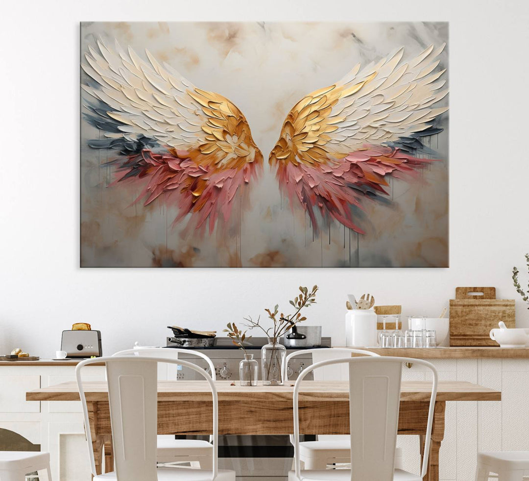 The Golden Angel Wings canvas print elegantly adorns the wall.