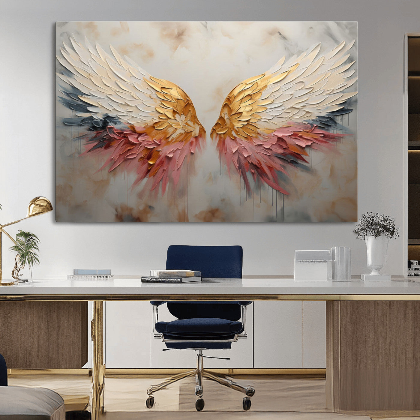 MGV-CV-36X24 - Golden Angel Wings Wall Art Canvas Print – Stunning Abstract Winged Art for Elegant Home Decor –
