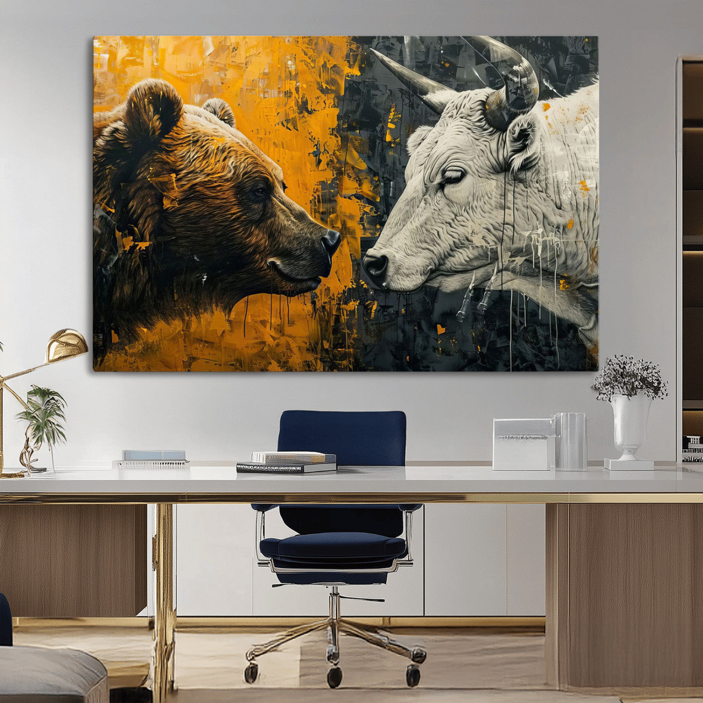 MGV-CV-36X24 - Bear and Bull Wall Art Canvas Print – Abstract Animal Portrait Painting for Modern Home Decor –