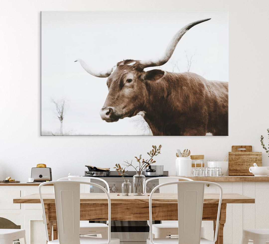 The Rustic Bull Wall Art Canvas decor hangs prominently on the wall.