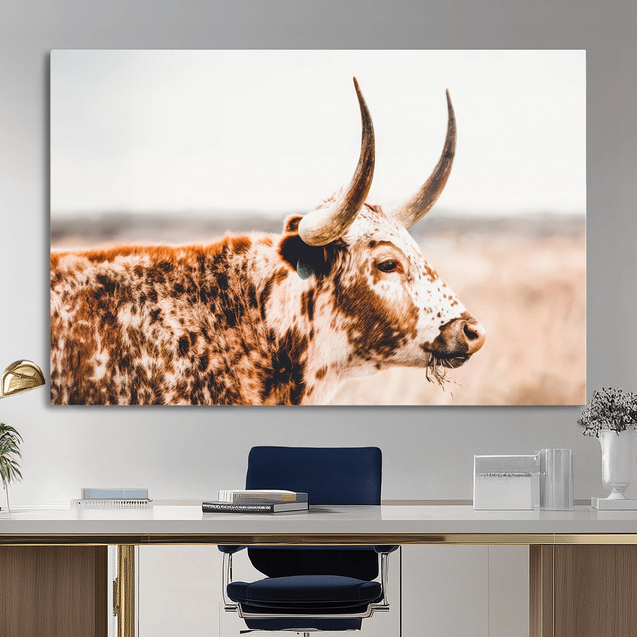 MGV-CV-36X24 - Speckled Bull Wall Art Canvas Print – Rustic Cow Longhorn Farmhouse Animal Decor – Western Longhorn