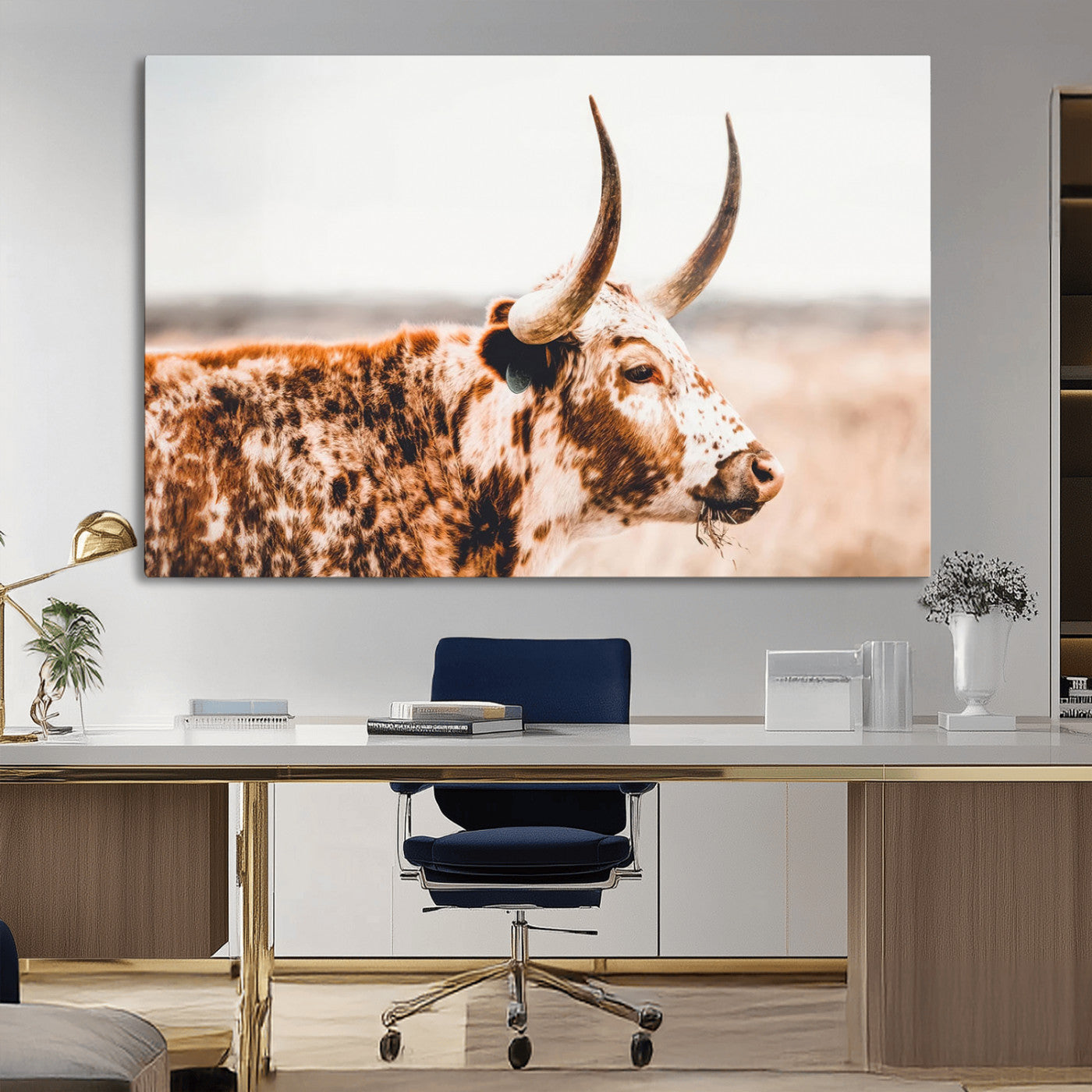 -Speckled Bull Wall Art Canvas Print – Rustic Cow Longhorn Farmhouse Animal Decor – Western Longhorn
