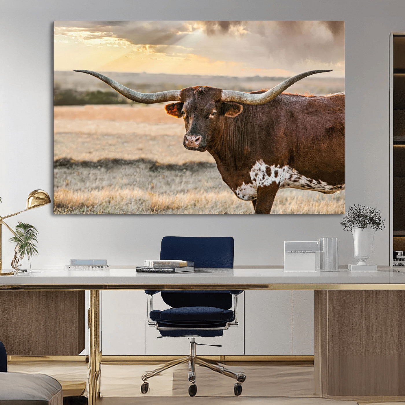 MGV-CV-36X24 - Texas Longhorn Wall Art Canvas Print, Rustic Ranch Decor, Majestic Western Longhorn Cattle