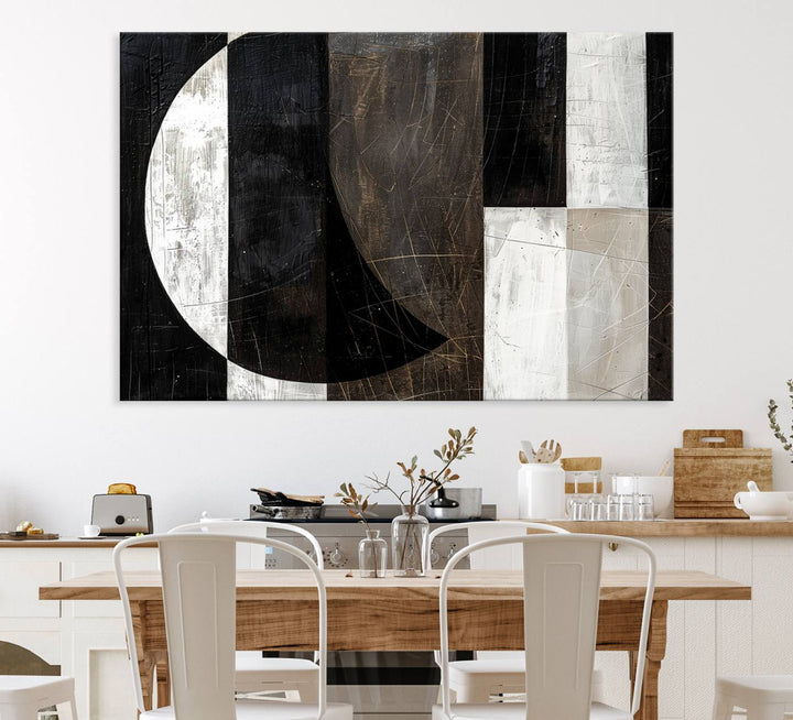 Wabi Sabi Wall Art Canvas Set features black, white, and brown geometric shapes.