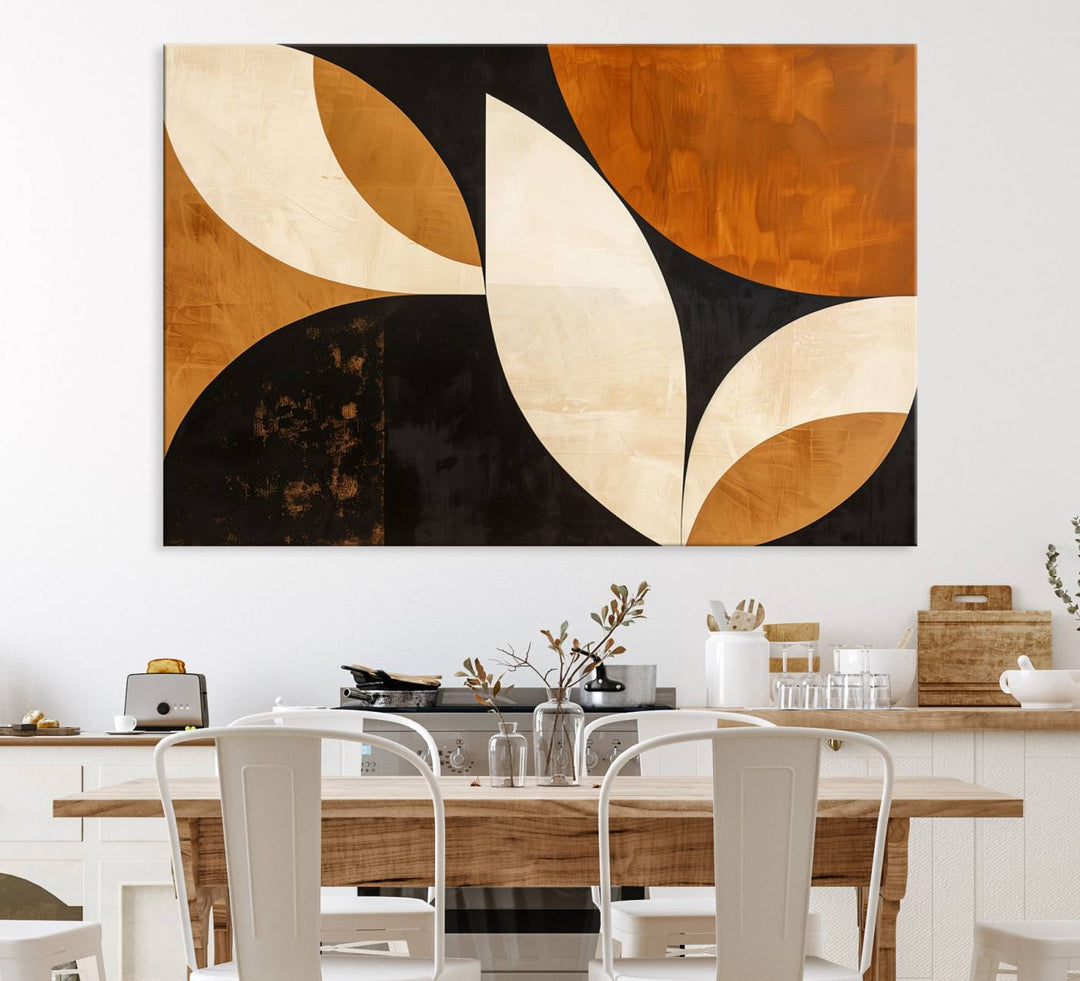 Geometric abstract wall art print featuring leaf shapes in brown, beige, and black.