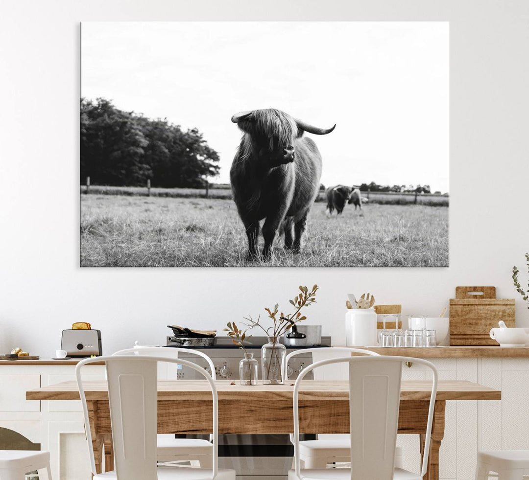 The Black and White Highland Cow Canvas Print is perfect rustic western decor.