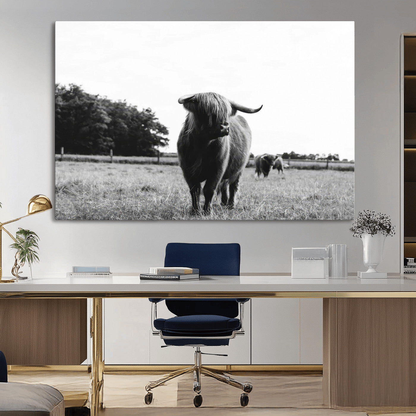 MGV-CV-36X24 - Black and White Highland Cow Wall Art Canvas Print | Rustic Western Decor for Living Room or Office,
