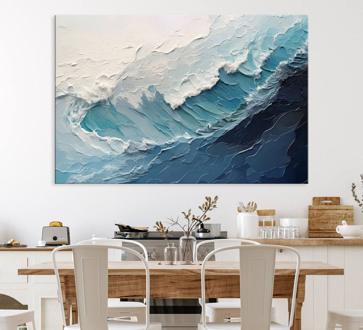 A Blue Abstract Wave Ocean Wall Art Canvas Print adorns the wall.