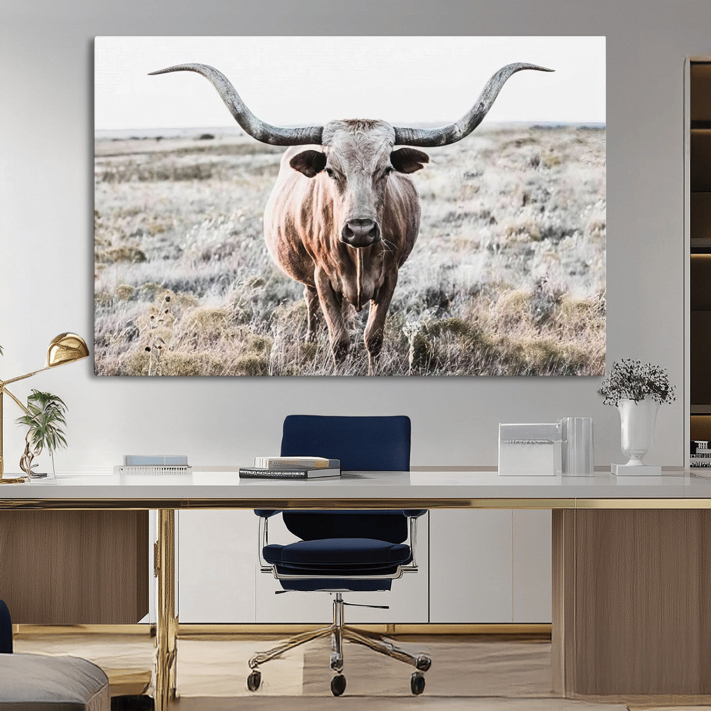 -Rustic Texas Longhorn Wall Art Canvas Print | Western Farmhouse Decor for Living Room or Office,