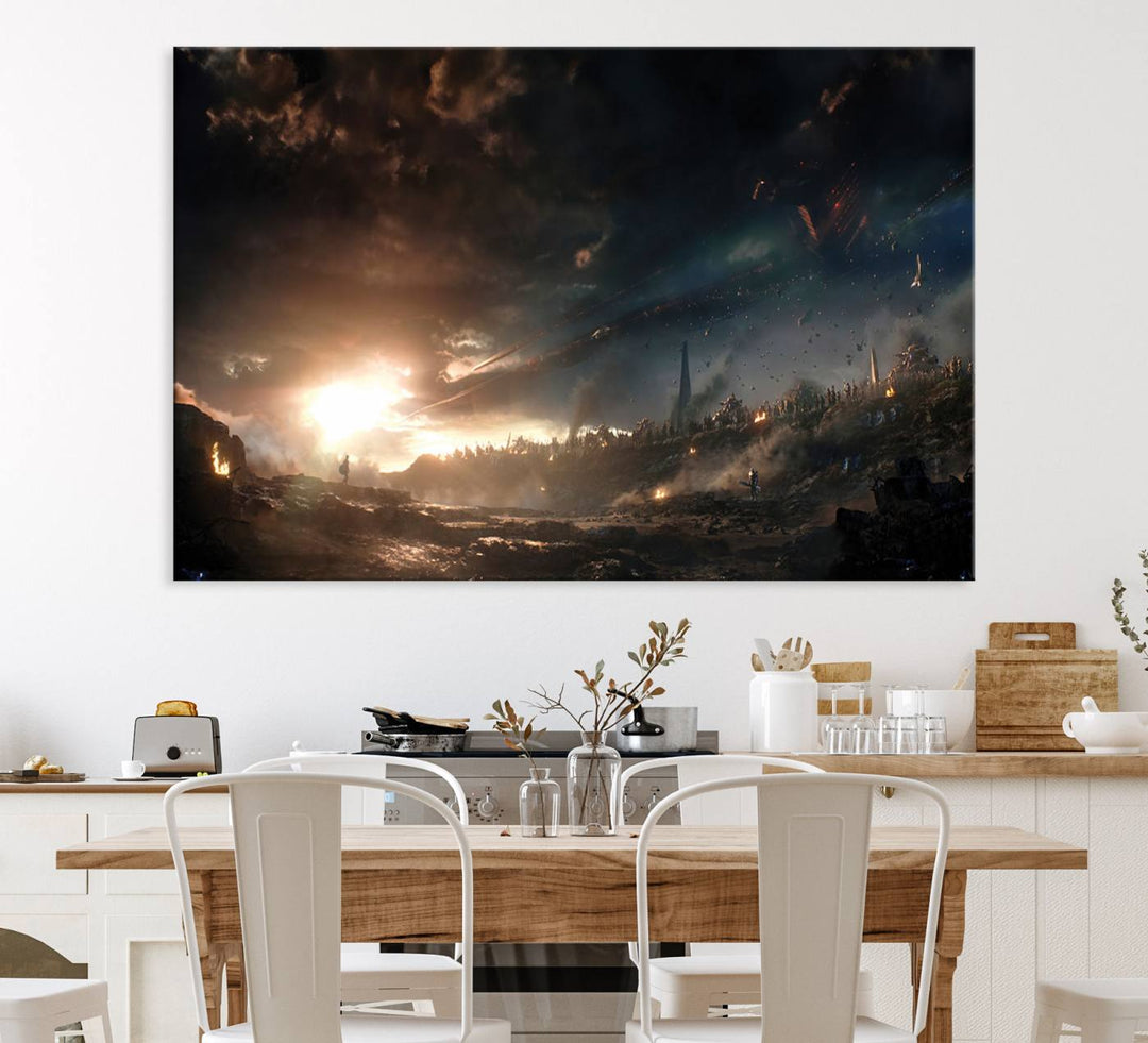 The Avengers Planet Wall Art Canvas Print depicts a stormy sky with figures.