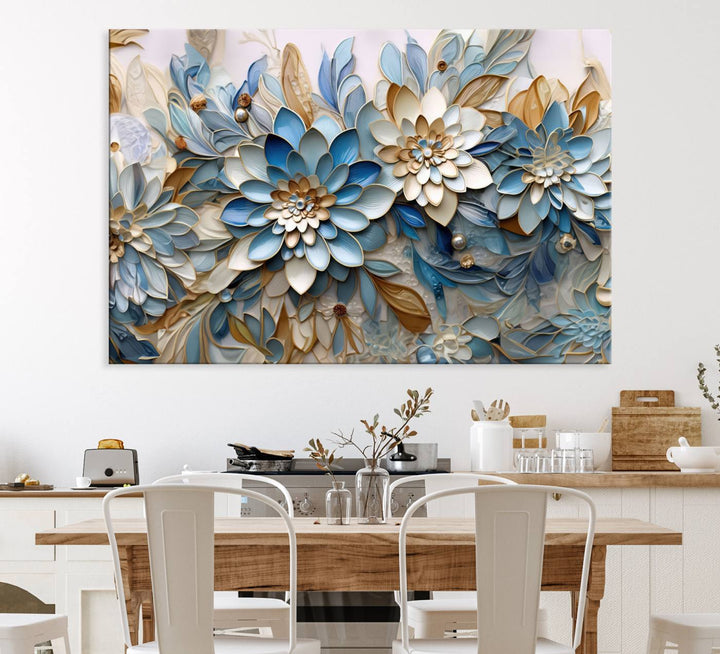 Blu Abstract Flower Canvas with blue, white, and gold petals—perfect home decor.