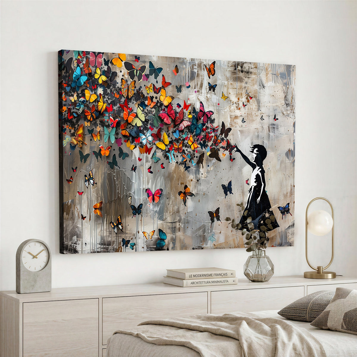 40269-MGV-CV-24X16 - Banksy Wall Art, Banksy Girl and Butterfly Explosion Canvas Print | Extra Large 3 Piece Best Seller Wall Art