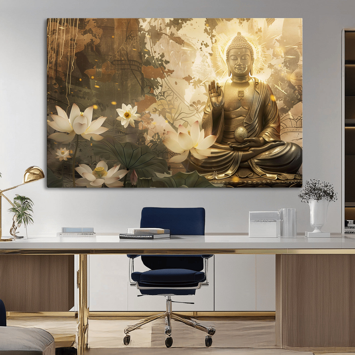 MGV-CV-36X24 - Zen Buddha Wall Art Canvas Print | Peaceful Meditation Decor with Lotus Flowers | Spiritual Serenity