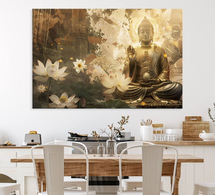 The living room features the Zen Buddha Wall Art Canvas Print with lotus flowers.