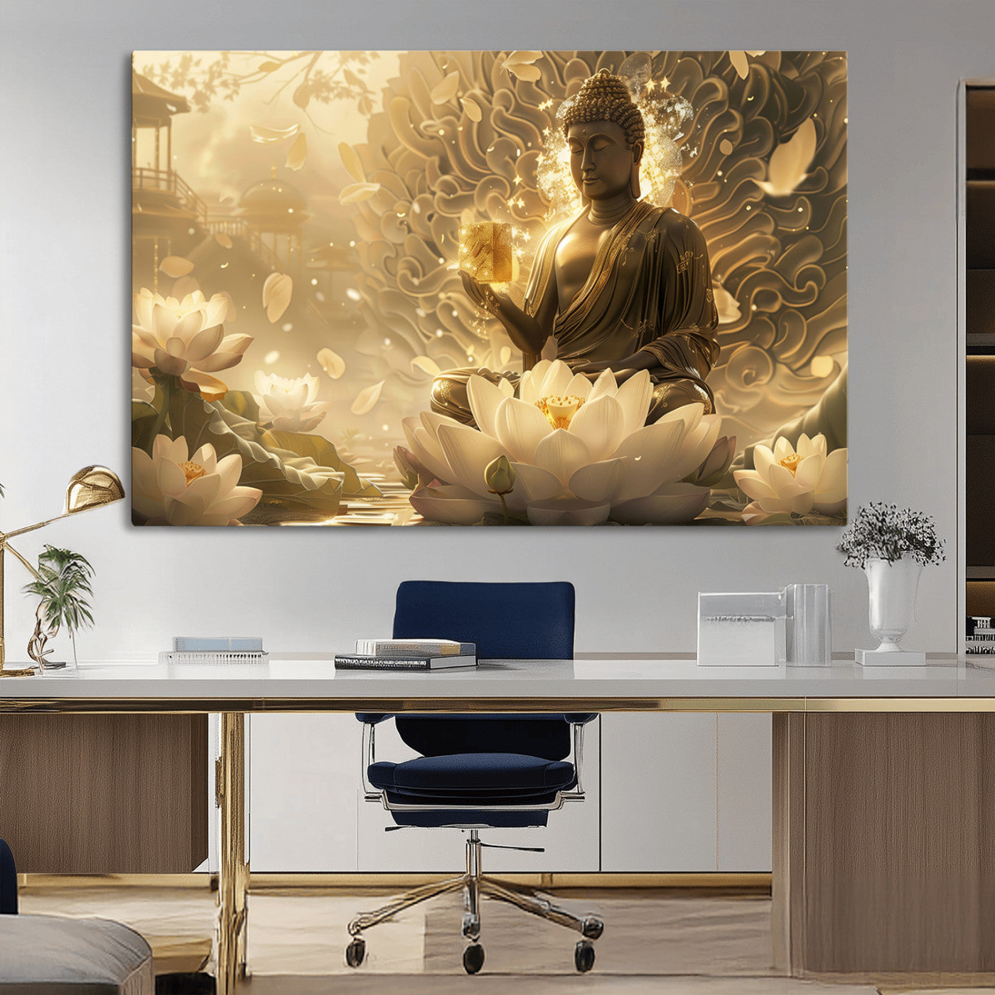 MGV-CV-36X24 - Golden Buddha Wall Art | Yoga Room Decor and Meditation Room Wall Art | Framed and Ready to Hang