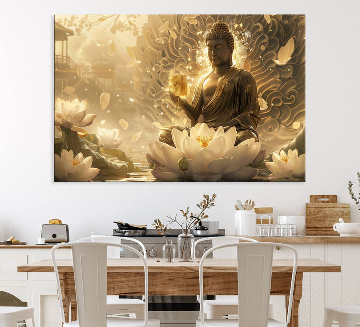 A framed Golden Buddha Wall Art with lotus flowers, ideal for meditation rooms, is beautifully displayed.