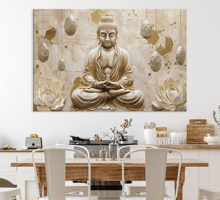 A modern Serene Buddha Wall Art, enhanced by lotus flowers, creates a tranquil atmosphere.