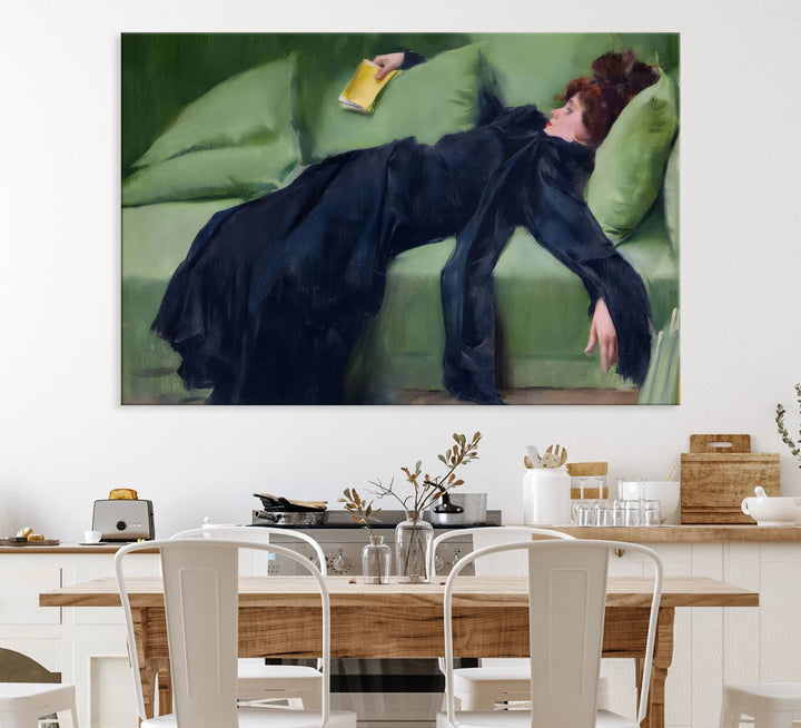 A modern kitchen features a Decadent Girl by Ramon Casas canvas print on the wall.