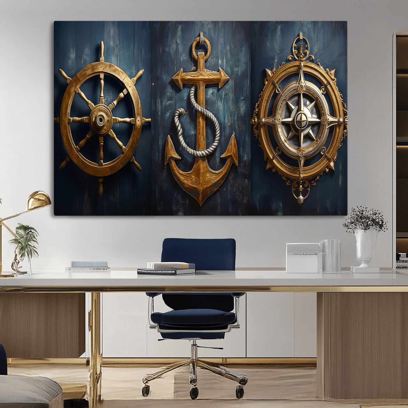 MGV-CV-36X24 - Boat Anchor Compass With Rope Wall Art Canvas Print | Beach House Wall Art