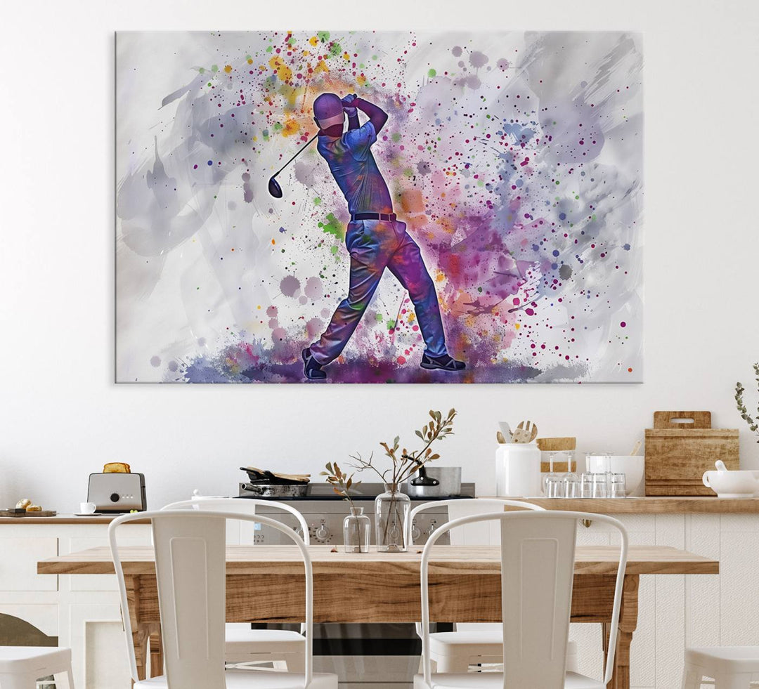 Watercolor Golf Swing Wall Art Canvas Print | Vibrant Abstract Golf Player Silhouette | Sports-Inspired Wall Decor for Golf Enthusiasts