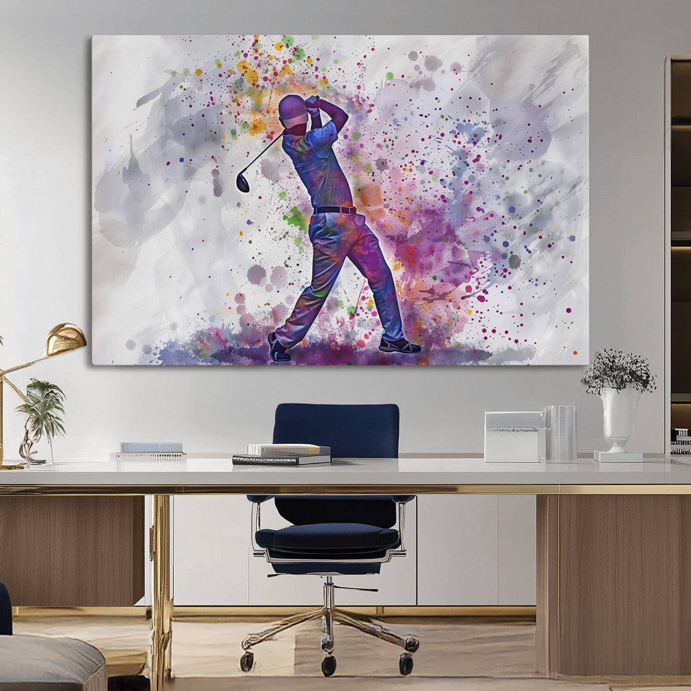 MGV-CV-36X24 - Watercolor Golf Swing Wall Art Canvas Print | Vibrant Abstract Golf Player Silhouette |