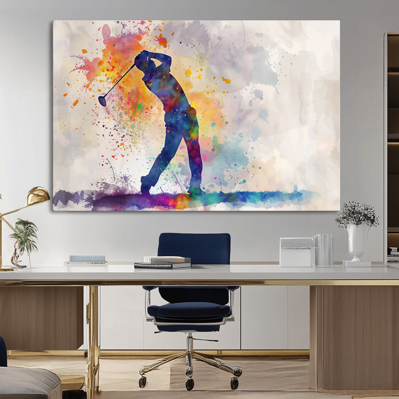 MGV-CV-36X24 - Watercolor Golf Swing Wall Art Canvas Print | Vibrant Abstract Golf Player Silhouette |