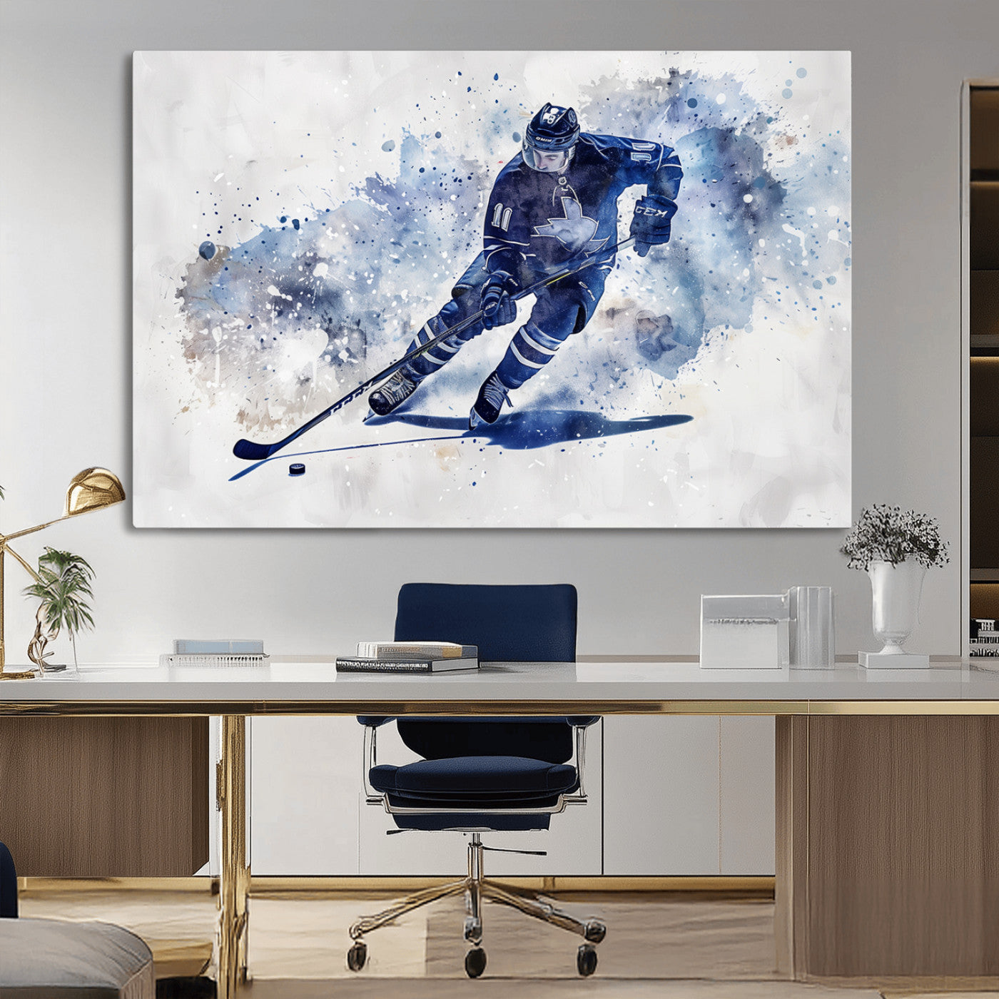MGV-CV-36X24 - Hockey Player Wall Art Canvas Print - Sports-Inspired Watercolor Decor - Ready to Hang