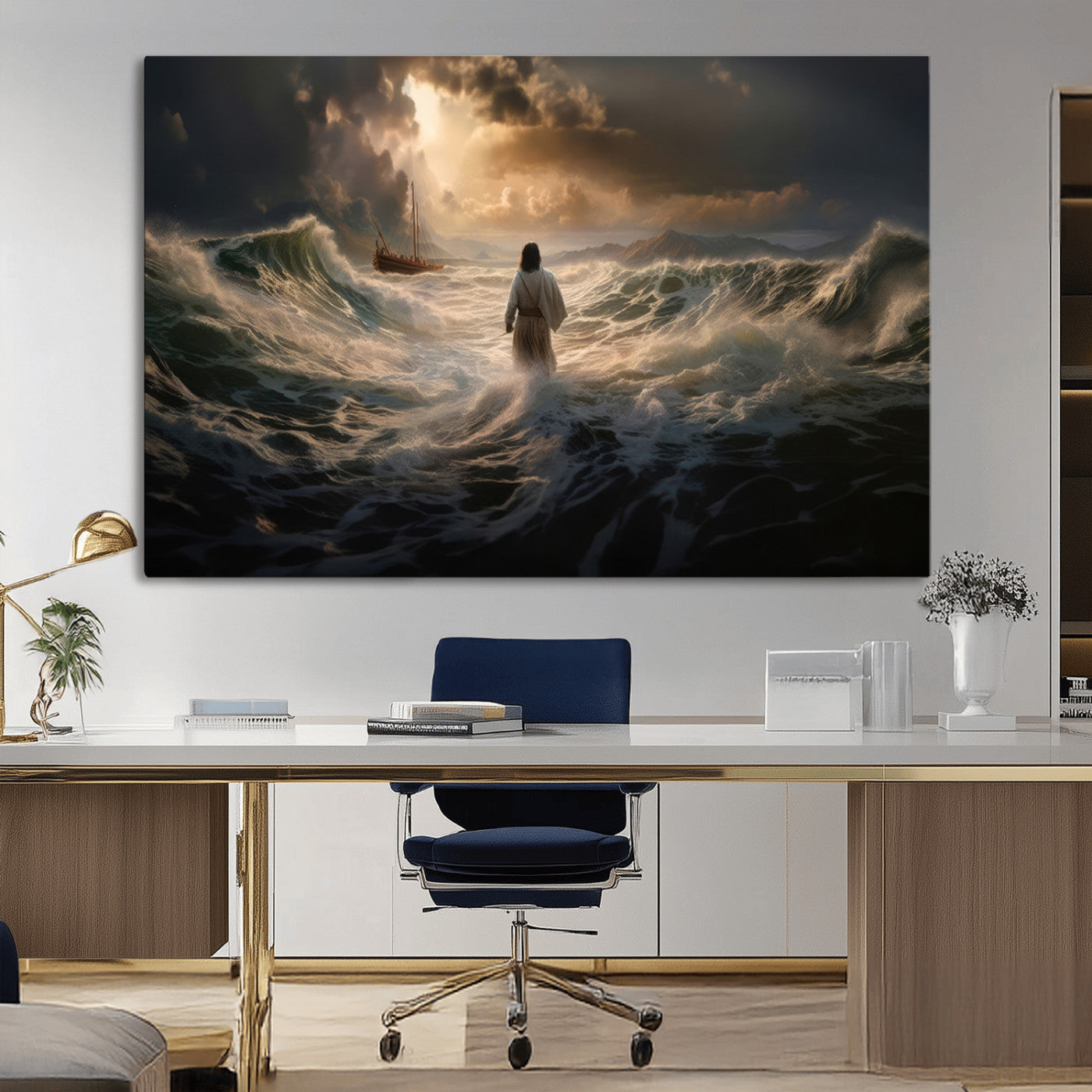 MGV-CV-36X24 - Jesus Walking on Water Wall Art Canvas Print - Religious Spiritual Decor - Jesus Wall Art Canvas