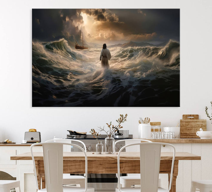 The wall art canvas print depicts a person in white striding on stormy ocean waves towards a sailboat under dramatic skies.