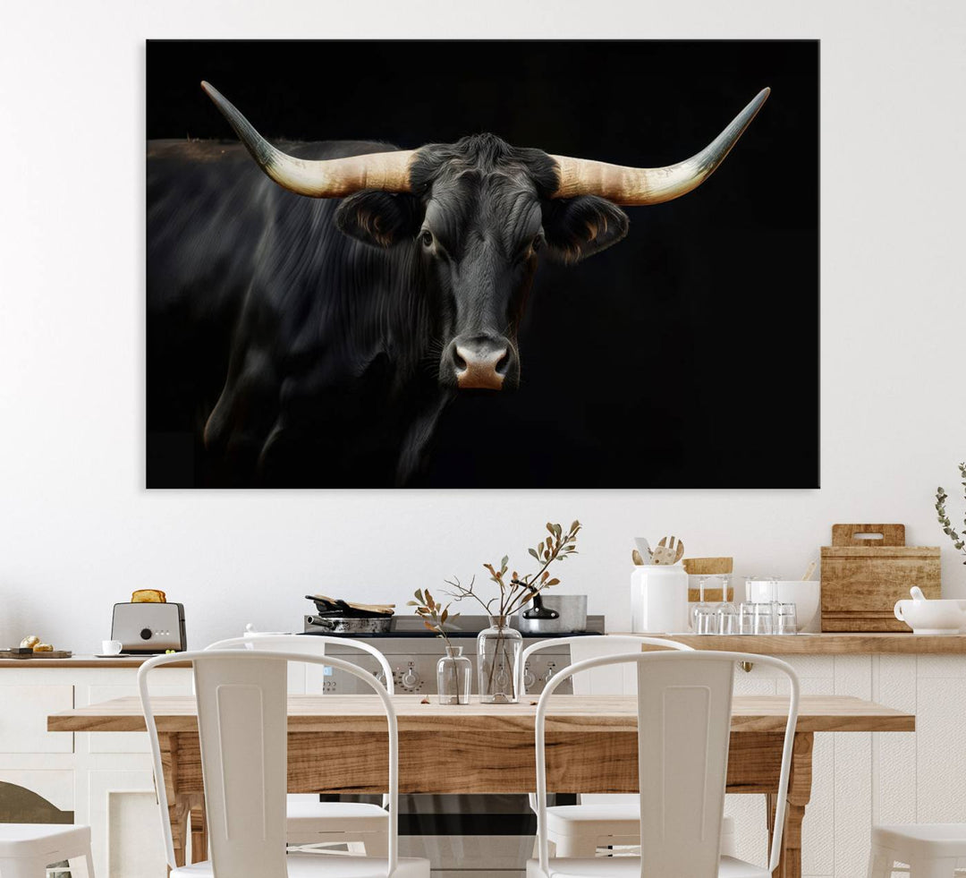 Texas Longhorn Cow | Majestic Black Bull Wall Art Canvas Print - Farmhouse Animal Decor - Ready to Hang